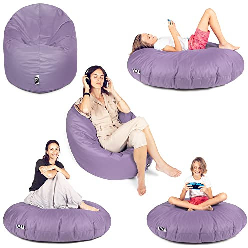 PATCH HOME Patchhome Sitzsack 2 in 1 Sitzkissen Bodenkissen für Erwachsene & Kinder - Gaming mit Füllung Kissen Sessel BeanBag (Ø 125cm, Flieder)