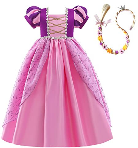 Lito Angels Deguisement Robe Costume Princesse Raiponce avec Perruque Tresser pour Enfant Fille, Taille 11-12 Ans, Manche Courte Bouffante, Violet