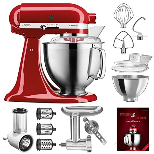 KitchenAid Küchenmaschine Artisan - P23 Vario Set Deluxe 185er (NM) - 5KSM185PSEER inkl. Gemüseschneider (5KSMVSA), Fleischwolf Ganzmetall (5KSMMGA) und Kochbuch (Kochen & Backen)
