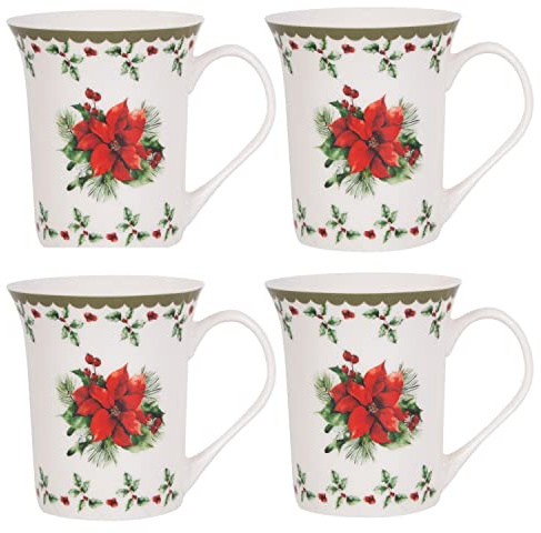 Harvey & Mason Set Of 4 Mugs Holly Range Porcelain Festive Christmas Dinner Tea Coffee Cups