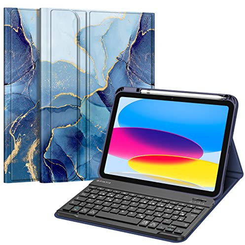 Fintie Tastatur Hülle für iPad 11.Generation 11 2025, iPad 10. Generation 2022 10.9, Schutzhülle mit TPU Rückschale, Pencil Halter und magnetisch abnehmbarer Tastatur mit QWERTZ Layout, Ozean Marmor