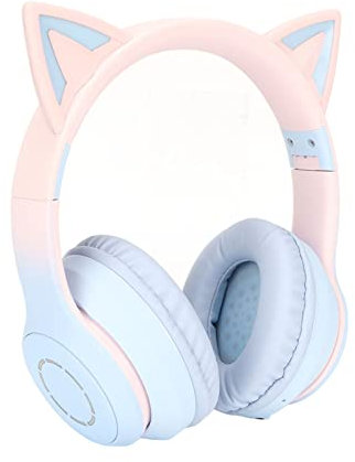 Bewinner Cute Cat Ear Gaming Headphones, LED Lights 3.5mm Wired Wireless BT Foldable Gaming Headset for PC, Laptop Headset with Noise Canceling Microphone for Gift, Game (Blue)