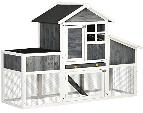 PawHut Pollaio Prefabbricato in Legno con Area Aperta, Pollaio per Galline da Esterno, Casetta per Galline e Nido per la Cova, Aiuola e Tetto in Asfalto, Grigio
