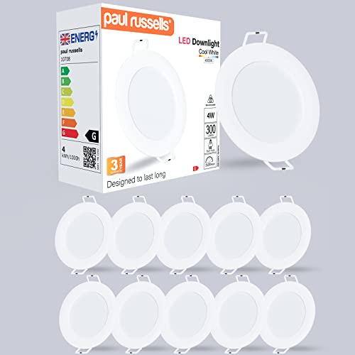 paul russells LED Ceiling Downlights, 4W Slim Recessed Bathroom Downlights, Kitchen Ceilings, 300 Lumens, 4000K Cool/Natural White, Cutout 70-80mm, Round Non-Dimmable Panel Spotlights, 10 Pack