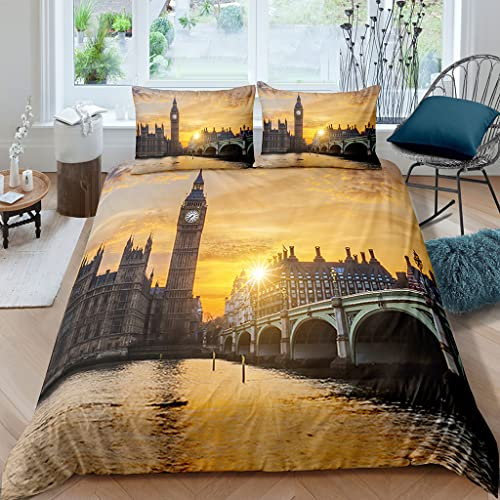 XPINGO Kinder Bettwäsche London Big Ben 135x200 cm 2teilig Jungen und Mädchen 100% Mikrofaser Sommer Weiche Winter Warm Bettbezüge 3D Sonnenuntergang Bettbezug mit Kissenbezüge 80x80 cm