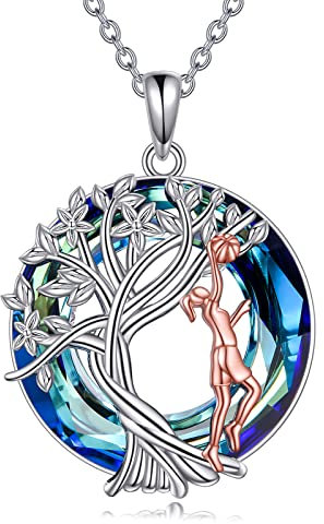 YFN Basketball Halskette Sterling Silber Basketball Kristall Anhänger Kette Baum des Lebens Schmuck Geburtstag Graduierung Geschenk für Damen Mädchen