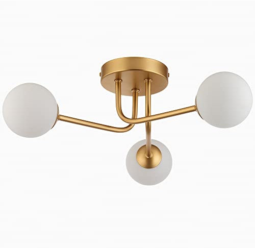 National Lighting Semi Flush Ceiling Light - 3-Way Curved Arm Ceiling Fitting in Matt Gold Paint & Matt White Glass Finish - 3 Lamp Dome Lightshade for Bedroom or Hallway - 3 x 3W LED G9 (Required)