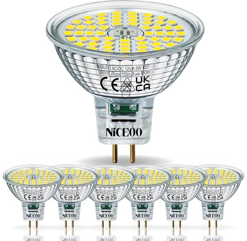 NICEOO GU5.3 LED Lampe 6.5W Ersetzt 60W, MR16 Kaltweiss 6000K 700 Lumen Leuchtmittel, AC/DC 12V, Flimmerfrei Reflektorlampen 120° Abstrahlwinkel Birnen, Nicht Dimmbar Glühbirnen, 6er-Pack