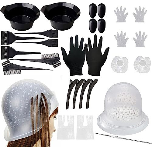 Gorro Silicona Resaltado,Kit De Pelo Tinte,Gorro De Tinte,Peluqueria Con Ganchos,25 Piezas Herramienta Colorear El Cabello,Pelo Tazón,Cepillo Coloración,Peine,Guante,Cubre Orejas,Pinzas Cabello,Kiuiom