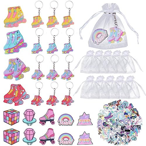 Roller Skate Party Favors, 86pcs Roller Skating Party Favors mit Schlüsselanhängern Acryl Pin Abzeichen Aufkleber, weiße Organza Säcke für Roller Skate Thema 90er Throwback Geburtstag Party Favors