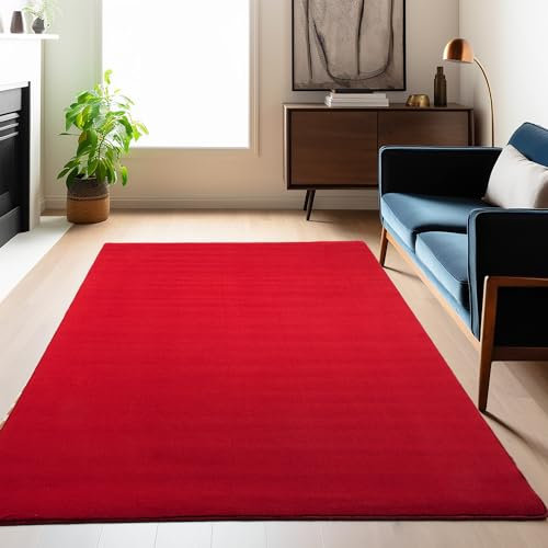 Carpetsale24 Teppich Wohnzimmer Einfarbig Moderne Design Rot 140 x 200 cm - rutschfest Kurzflor Teppich für Schlafzimmer Extra Weich und Flauschig - Waschbarer Teppich Esszimmer Küche