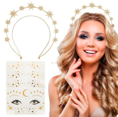 BOFUNX Haarreif mit Stern Strass Haarband doppelschichtig Glitzer Stirnband + 2pcs Sterne Mond Gesicht Sticker Metallic Gesicht Tattoos für Fasching Karneval Musikfestival Party