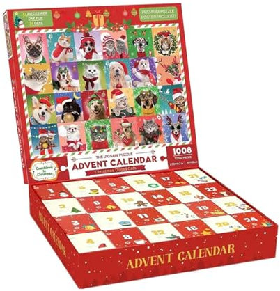 # 2023 Weihnachts-Adventskalender Jigsa W Puzzle Weihnachtshund 24 Schachteln mit 1008 Puzzles Countdown bis Weihnachten Weihnachtsdekorationen Weihnachten (Red, One Size)