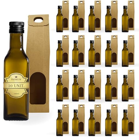 Espirito Rebelde 20 mini bottiglie in vetro scuro da 100 ml con tappo a vite nero + 20 scatole | piccole bottiglie per olio d'oliva, aceto, alcool | flacone per campioni