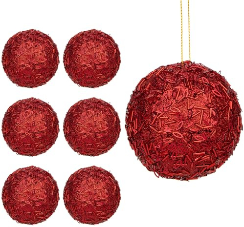 Hollyone 10cm Große Weihnachtskugeln Ornament, 6 Stück Weihnachtsbaumschmuck, Bruchsichere Hängedekorationen mit Schnüren, Rot Christbaumkugeln Pailletten für Weihnachtsbaum Hochzeit Partydeko