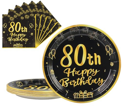 9 Pappteller 80th Geburtstag Teller 25 Stück Und Servietten 25 Stück Einwegteller 22.8cm Einweg Papier Party Geschirr Teller Für Junge Mädchen Schwarz Und Gold Pappteller Für 80th Geburtstag