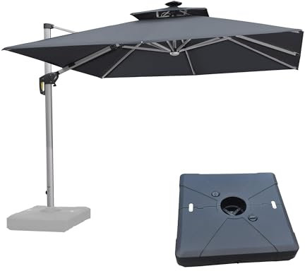 PURPLE LEAF Parasol Déporté 3 x 3 m Carré avec LED et Pieds de Parasol, Parasol de Jardin Extérieur à Toit Double Rotatif 360°, Pour Terrasses, Piscines, Restaurants Extérieurs, Patio, Gris acier