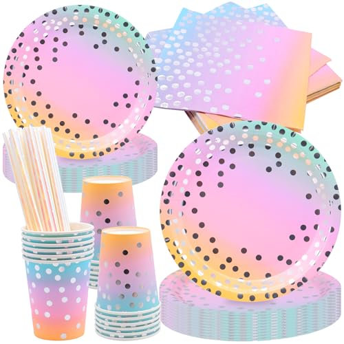 Gittoovo 80Pcs Paper Tableware, Gradient Silver Polka Dot Party Tableware Set Cups Plates Straws Napkins for Parties Birthdays Weddings, Decorate and Add Atmosphere