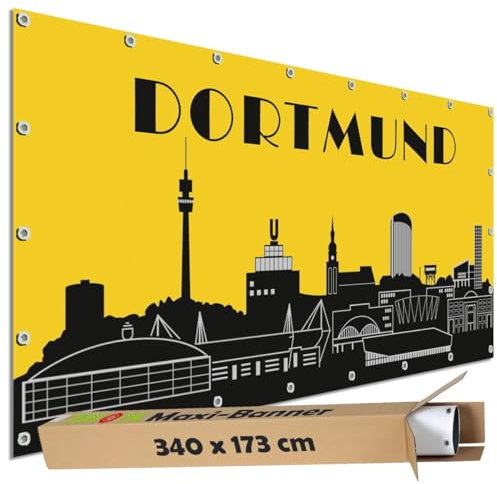 TRIOSK Sichtschutz Garten Dekoration Plane groß mit Motiv Stadt Dortmund Skyline Motivbanner Blickdicht für Terrasse Zaun Gartenzaun Gartenposter Schwarz Gelb PVC Zaunblende 340x173 cm