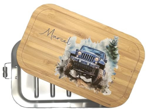 wolga-kreativ Personalisierte Metall Brotdose mit Druck aus Edelstahl und Holz mit Trennsteg für Junge Auto Off-Road Name Kindergarten Schule