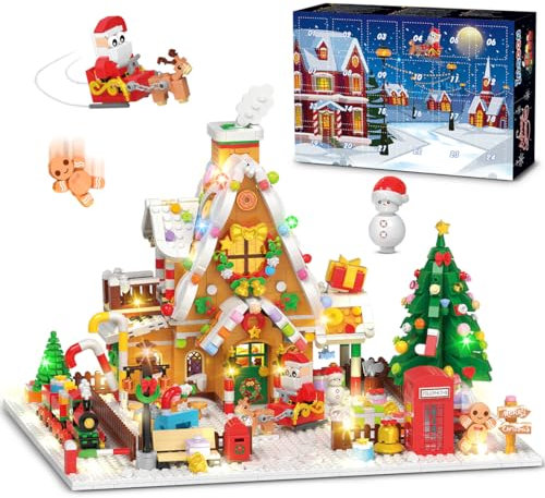 INSOON Adventskalender 2024 Lebkuchenhaus Bauspielzeug mit LED Licht, 24-Tage Weihnachts Countdown Mini Baustein Spielzeug 1763 Stück, Geschenk für Erwachsene Kinder Mädchen Jungs ab 10+