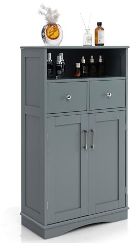 GIANTEX Badezimmerschrank, Badschrank Holz, Beistellschrank mit 2 Schubladen & 2 Türen & Verstellbare Ablage, Badkommode Aufbewahrungsschrank Freistehend, 60 x 30 x 108 cm (Grau)
