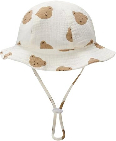 BABYZOCO Sombrero De Playa para Bebe, Gorro Veraniego para bebé, Sombrero Infantil para Playa, Ajustable, Diseño Oso, Algodón, UPF 50+