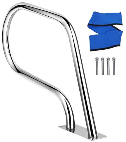 Schwimmbad-Handlauf aus Edelstahl mit blauer Griffabdeckung, 81,3 x 55,9 cm, Innenpool-Treppengeländer mit Bodenplatte und Zubehör