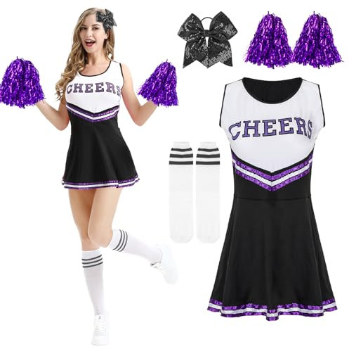 Kitimi Cheerleader Kostüm Damen für Erwachsene, Cheerleadering Outfit Fancy Dress Uniform mit Pompoms Haargummi Socken, High School Cheerleader Kostüm für Verkleidung Karneval Party Cosplay Fasching