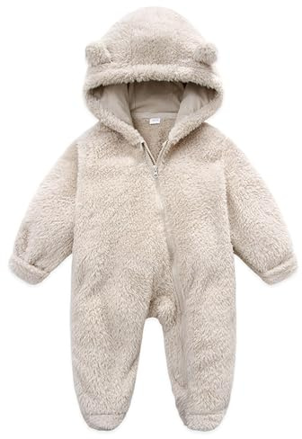 Geagodelia Toddler Infant Baby Boy Girl Romper Snowsuit Long Sleeve Bear Shaped Footies Hooded Button Up Full Length Plush Zipper Closure Winter Warm Fuzzy Fleece Jumpsuit