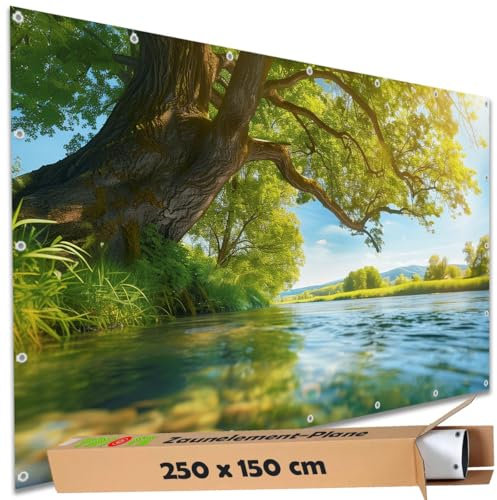 TRIOSK Sichtschutz Garten Deko Zaun Plane Blickdicht groß mit Zaunblende Motiv Baum Sonne Wasser Fluss Ufer für Balkon Terrasse Zaunelement Doppelstabmatten Gartenzaun PVC 250x150 cm