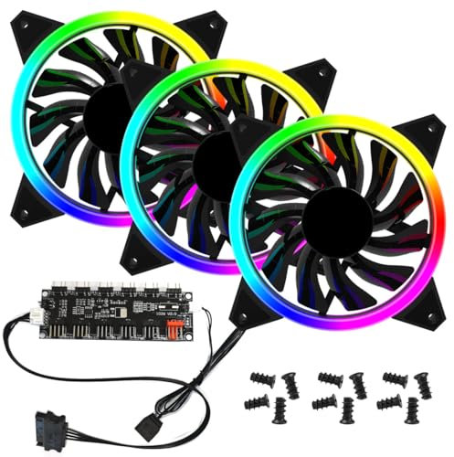 RGB PC Cooling Fan Kit, Rainbow LED Addressable RGB 120mm Case Cooling Fans Set With Hub & Remote Controller for PC Cases, Gaming PCs (3 Fans With Hub)