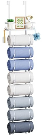 SWTYMIKI Over Door Towel Rail - 9 Tier Towel Racks for Bathroom Wall Mounted, Towel Holder with Shelf, Hanging Rolled Towel Storage Organizer for Small Bathroom, Camper, RV, White