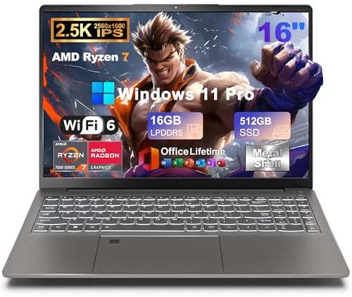 Computer portatile da gioco 2025 da 16 pollici 2,5 K IPS, AMD Ryzen 7 6800H (fino a 4,7 GHz), 16 GB DDR5 512 GB SSD, AMD Radeon 680M, WiFi 6, Type-C, webcam, impronte digitali, tastiera
