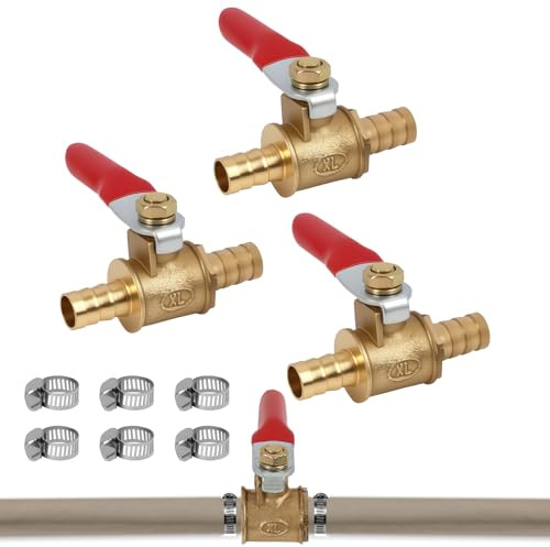 3 Pieces 8 mm Brass Ball Valve with Double Connection with 6 Pieces Stainless Steel Hose Clamps, Shut-off Valve 180 Degree Handle, Suitable for Air Line, Fuel Line, Gas, Water