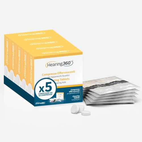 Hearing360 Hearing Aid Effervescent Tablets Deep Cleaning and Sanitizing for Domes and Tubes, Tablets with Active Oxygen, Class I Medical Device (5 Boxes, 100, Units)