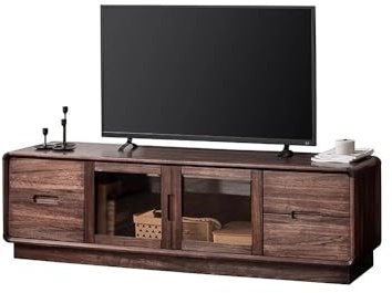 ULTRAWAVE TV-Lowboard aus Massivholz und schwarzer Nussbaum, 200 x 50 x 40 cm, Unterhaltungsmöbel aus Glas, Teefarben, ideal für Hotels, Unterhaltungszentrum