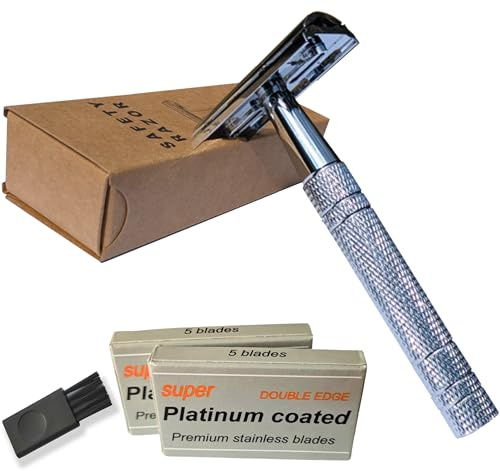 Safety Razor – Double Edge Stainless Steel Razor Kit with 10 Blades – Eco Friendly Reusable Plastic Free Shaving Razor for Men & Women – Zero Waste Wet Shaver (Silver)