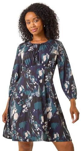 Roman Petite Gathered Chest Dress for Women UK Ladies Stretchy Fit & Flare Swing Tea A Line Skater Knee Length Long Sleeve Midi Smart Casual Work Going Out Party - Petite Floral Blue - Size 12