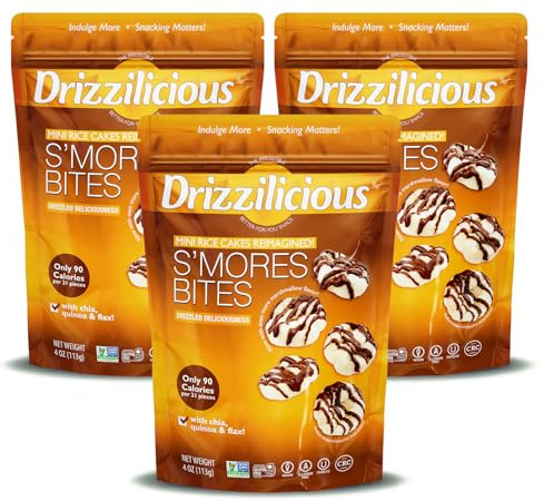 Drizzilicious S’Mores Mini Rice Cakes Pack of 3, 113g – Lightly Drizzled, Gluten-Free Rice Cake, Snack Bites with Chia, Flax & Quinoa – Low Fat, Allergen-Free Treat Made with Plant-Based Ingredients