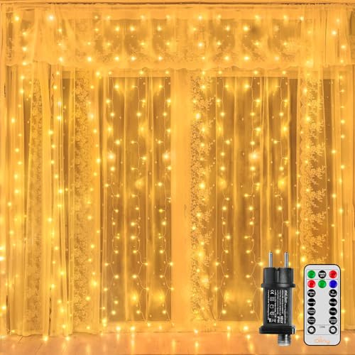 Ollny 2x2m 200 LED Lichtervorhang Innen mit Stecker 8 Modi Timer Dimmbar | Lichterkette Vorhang mit Fernbedienung, IP44 Wasserdicht, Warmweiß, für Außen Ramadan Deko Hochzeit Party Wand Balkon