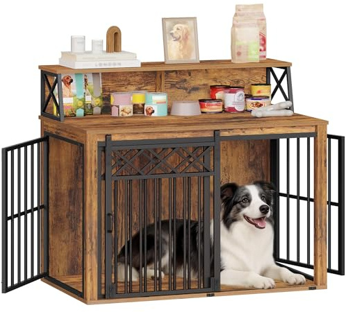 Hzuaneri Hundekäfig Möbel mit Lagerregal, Indoor Kennel, Vintage Braun | Dreitürig Hundebox für Zuhause mit Scheunentür, Beistelltisch, Geeignet für Mittlere/Große Hunde, 100 x 60 x 86 cm, DFC87401B