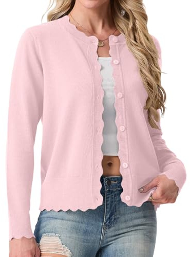 GRECERELLE Cardigan corto da donna, con scollo rotondo e bottoni, leggero, a maniche lunghe, casual, con orlo a costine
