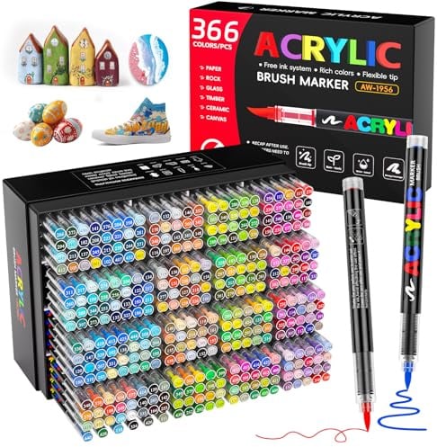 Patamiyar 366 Farben Acrylstifte für Steine Wasserfest, Acrylstifte Marker Set, 1-5 mm Pinselspitze Acrylic Pens Set für Steine Bemalen, Stoff, Glas, Keramik, Leinwand, Papier, Holz, Metall, Deko