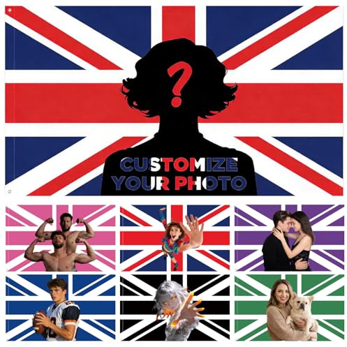 Personalisierte Flagge Selbst Gestalten, Fahne Selbst Gestalten, Union Jack Flagge Personalisieren mit Gesicht/Foto/Logo/Text, Großbritanien Flagge Selbst für Schlafsäle,Schlafzimmer,Party,Bar Deko