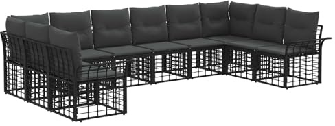 vidaXL Outdoor-Sofagarnitur 10 pcs Schwarz und Dunkelgrau Polyester, Garten-Sofa-Set, wetterfest, modulares Design, verstellbare Füße, vielseitiges Möbelstück für den Patio