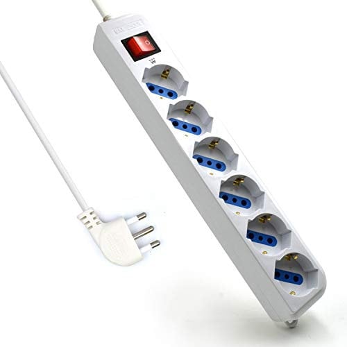 Multipresa a 6 Posti, Ciabatta Elettrica con 6 Prese Italiane 10A e Schuko (Tedesche) - Spina Italiana 10A - Potenza 250V/2500W - Cavo da 5 Metri, Prese Angolate a 45°