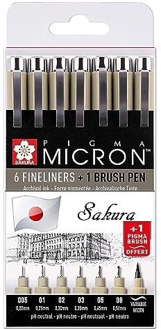 PIGMA MICRON Sakura ESPACEBEAUXARTS Manga-Set, Schwarz, 7 Stück, alle Federn, Set 005, 01, 02, 03, 05, 08, Bürste