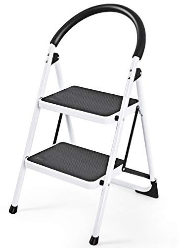 COSTWAY Escabeau Marches Pliant, Echelle Marchepied antidérapant, Escabeau Ménager en Fer, 150kg capacité, Environ 80CM, Blanc Noir (2 Marches)