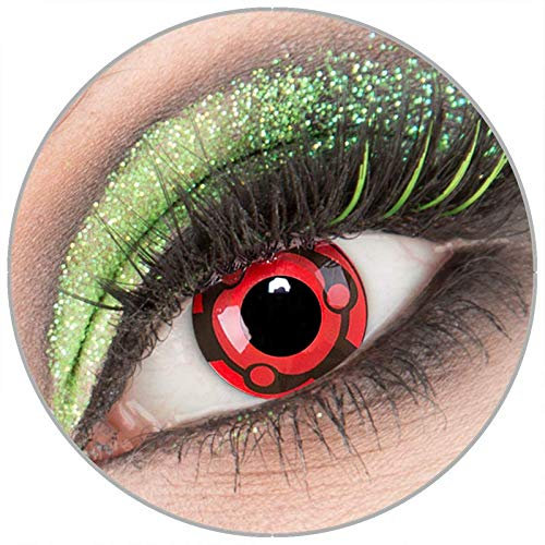 Farbige rote schwarze 'Eternal Madara' Kontaktlinsen ohne Stärke 1 Paar Crazy Fun Kontaktlinsen' mit Kombilösung (60ml) + Behälter zu Fasching Karneval Halloween - Topqualität von 'Giftauge'